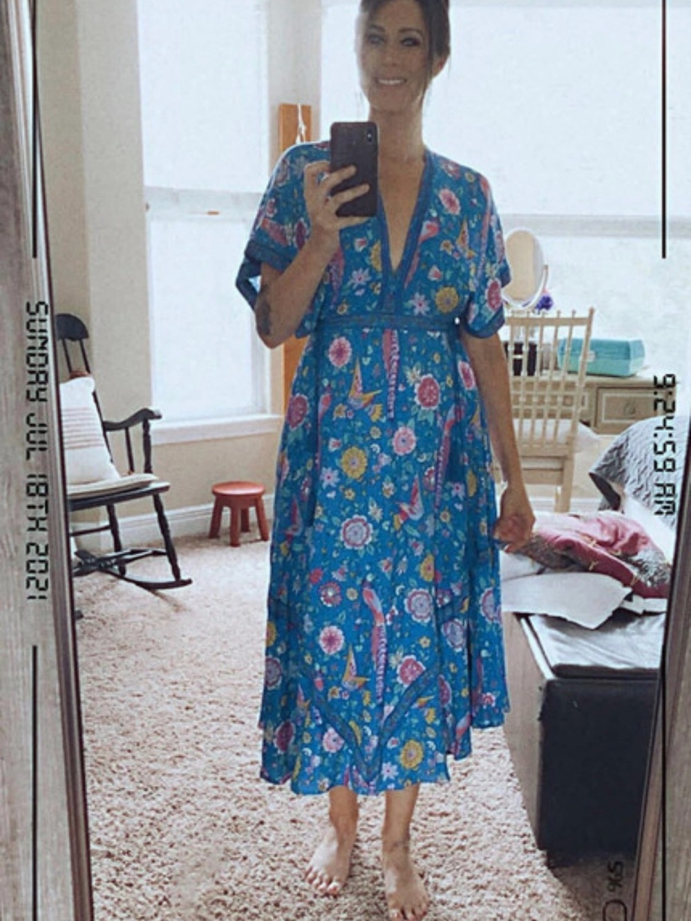 Blue Floral V-Neck Maxi Dress with Short Sleeves